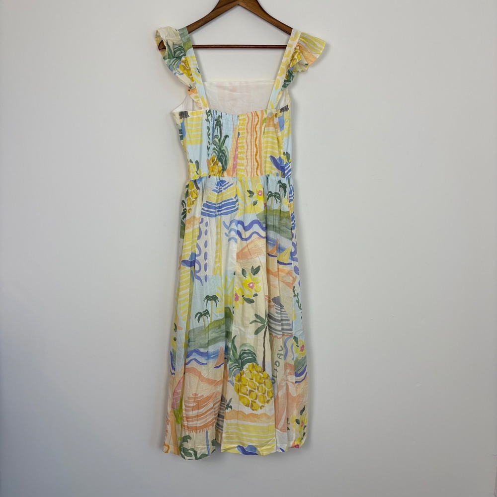 Prosperina Nicola Multi Print Midi Dress Women M Ruffle Coastal Summer NWT - Picture 9 of 13
